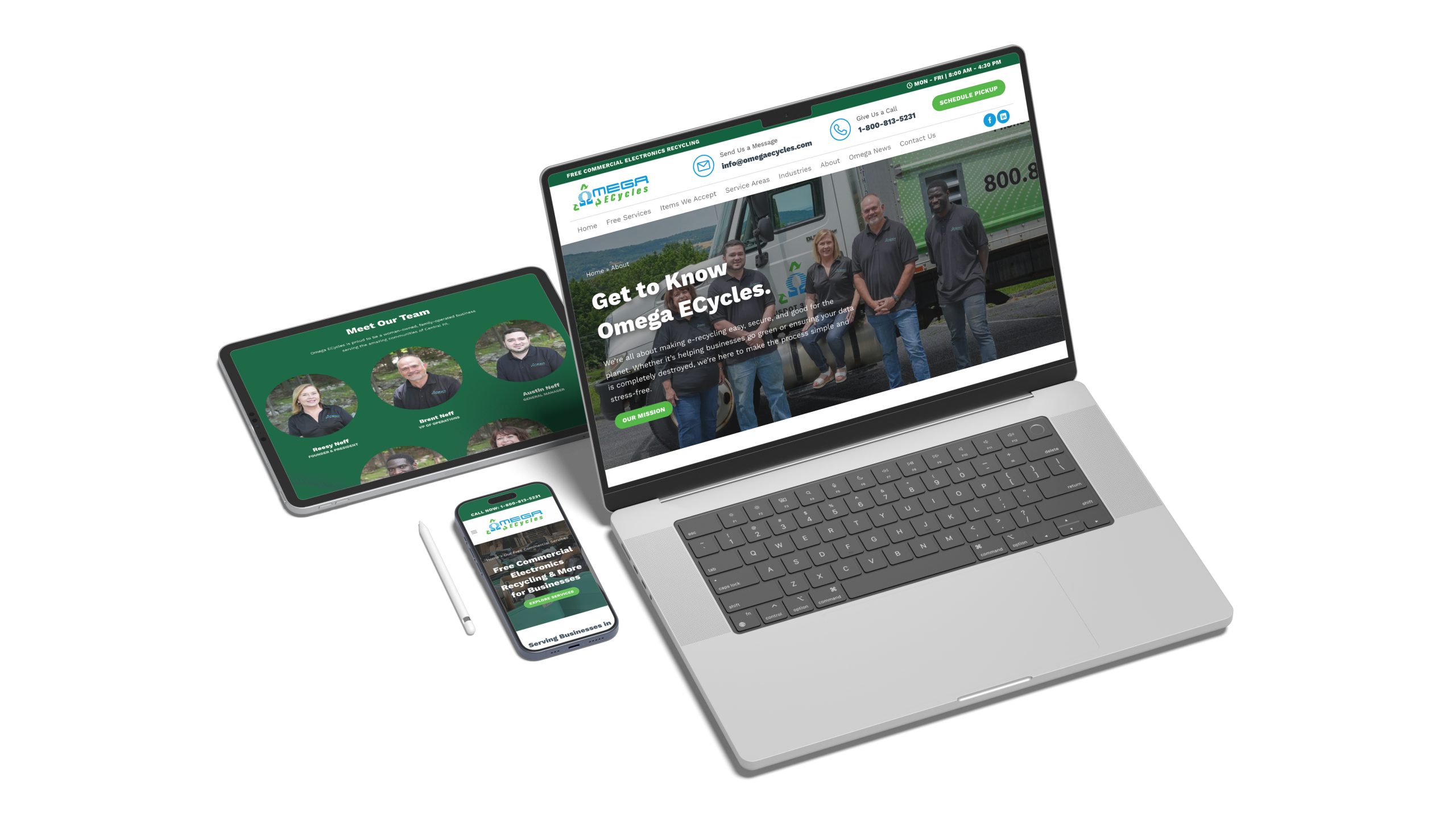 A laptop, tablet, and smartphone display the Omega Ecycles website. The laptop shows the Omega Ecycles homepage with people standing beside a truck, while the tablet displays a team page and the phone shows a contact page.