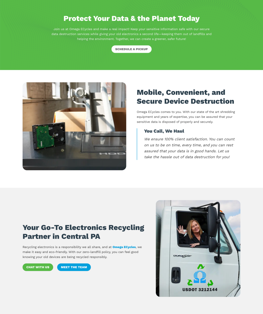 A website section highlights omega ecycles’ electronics recycling and data destruction. It shows a computer being disassembled and a woman smiling from a van with a recycling symbol. Green and blue tones emphasize environmental responsibility.