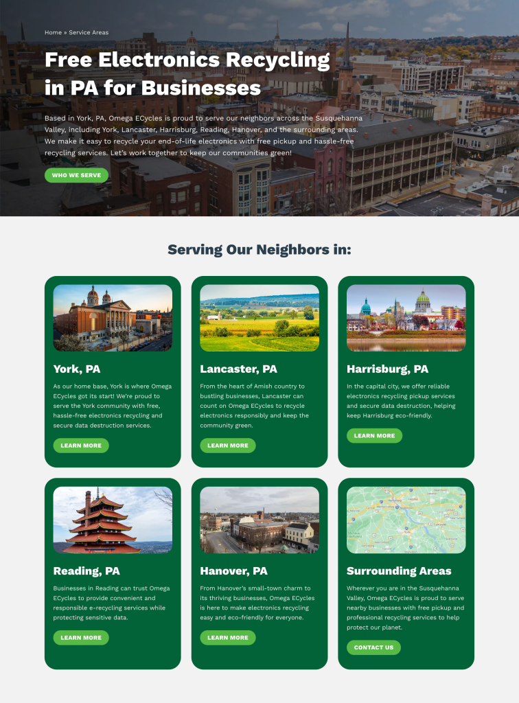 A website page for Omega E-cycle highlights electronics recycling services in Pennsylvania cities. Six green info boxes feature York, Lancaster, Harrisburg, Reading, Hanover, and nearby areas—powered by omega ecycles—with images and learn more buttons.