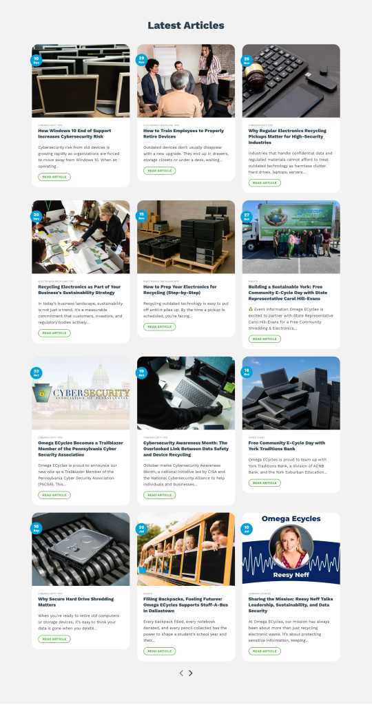 A webpage displaying a grid of article previews with images, titles, and summaries about electronics recycling, IT asset disposition, cybersecurity, hard drive shredding, and related topics from omega ecycles.