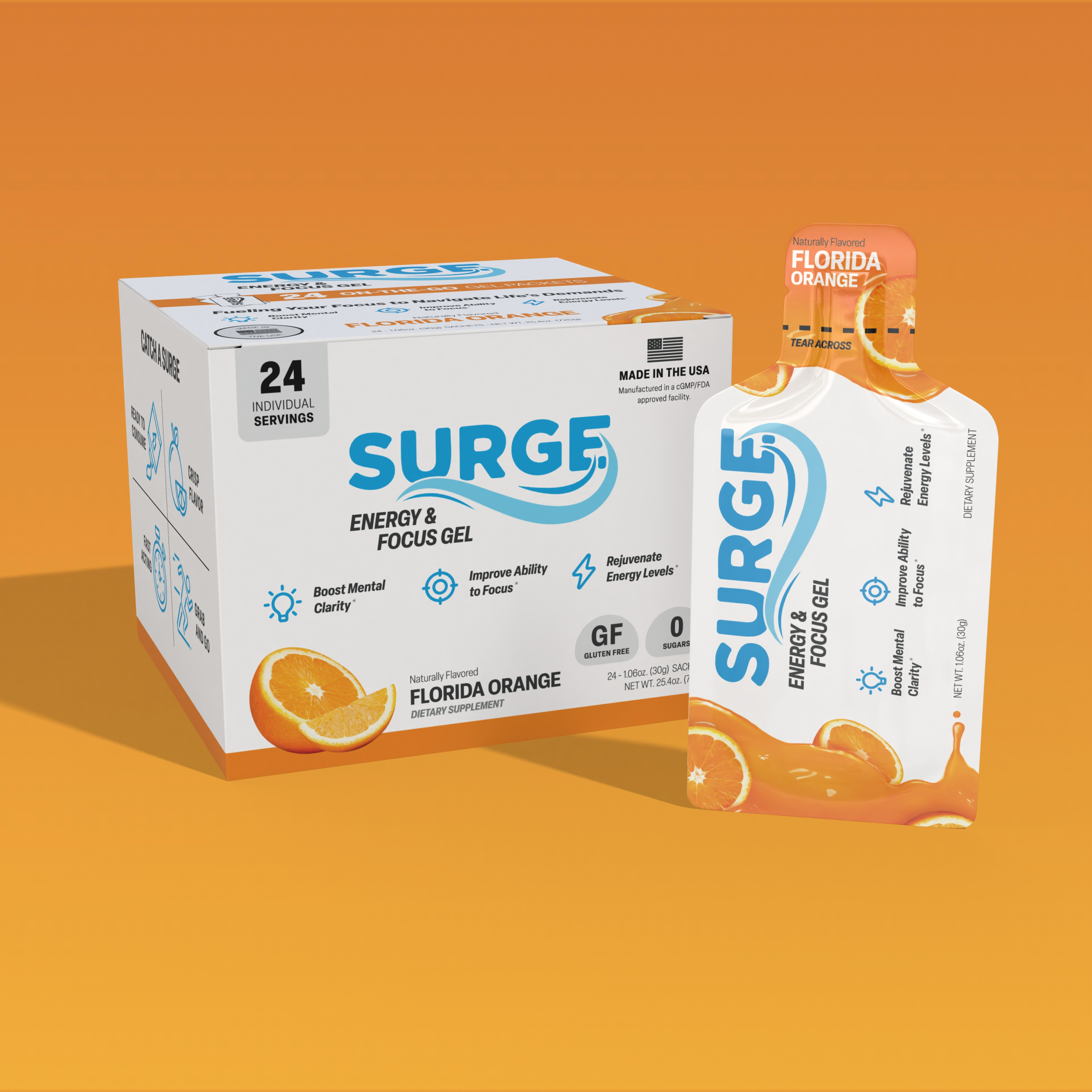 Surge Energy & Focus Gel in Florida Orange flavor is shown with a white box of 24 surge gel packets and one individual serving, all on an orange gradient background. Packaging highlights energy, focus, mental clarity, and zero sugar.