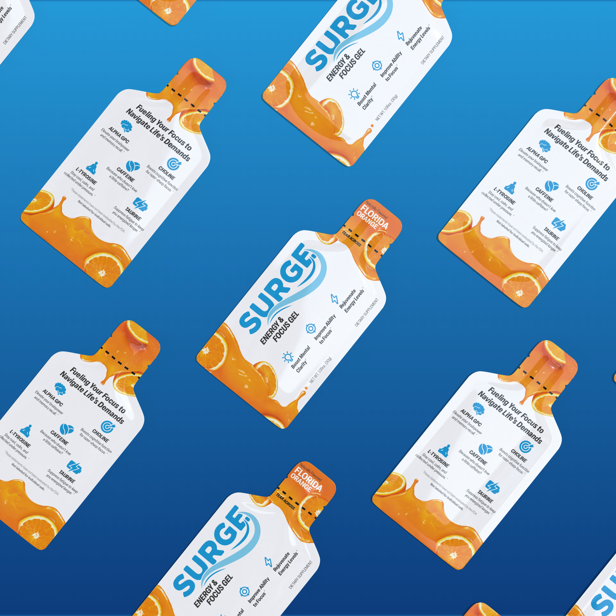 Diagonal pattern of orange-flavored Surge gel energy packets with surge branding and white and orange labels on a blue gradient background. The packets display nutritional information clearly.