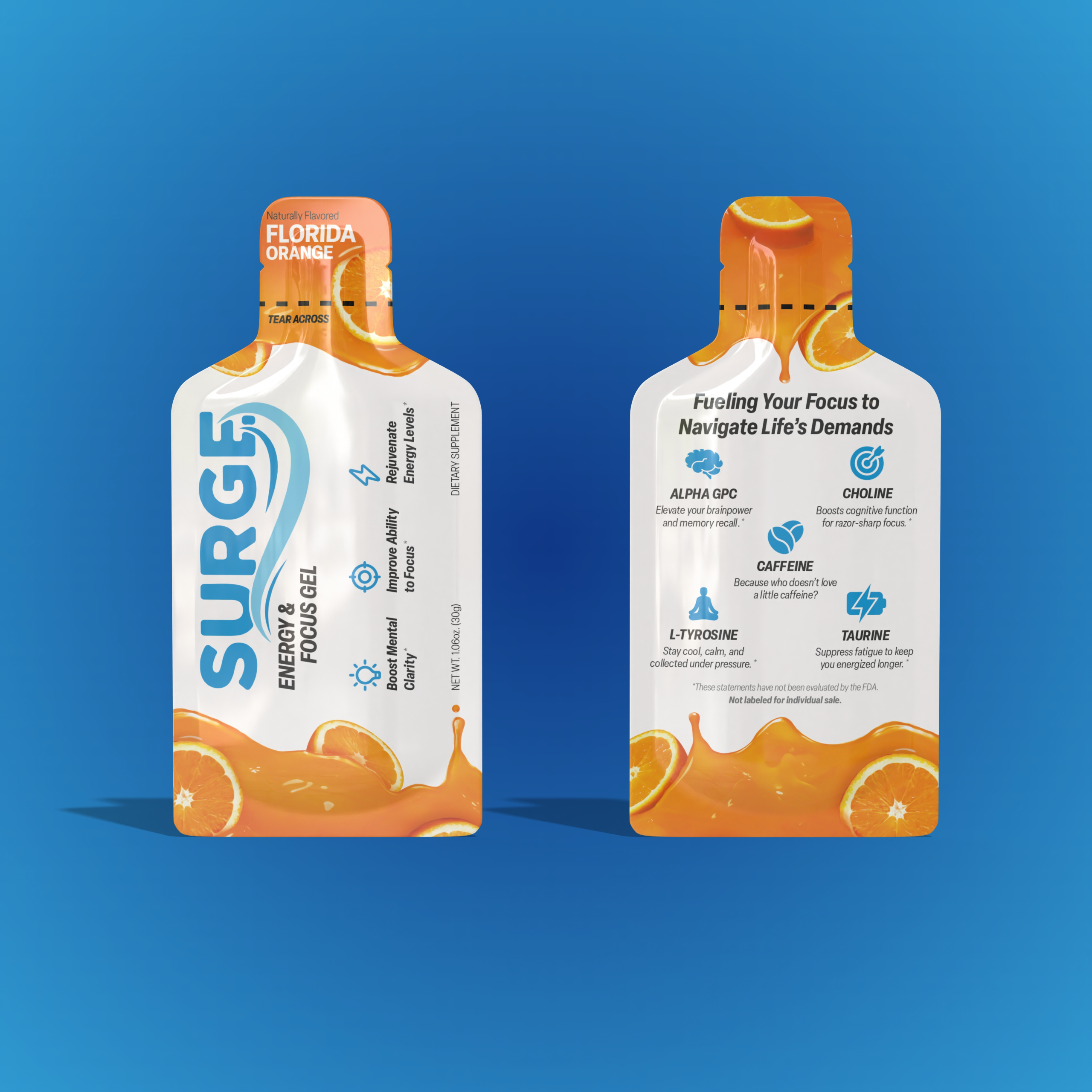 Two orange-flavored energy gel packets labeled “SURGE” are shown front and back against a blue background. The SURGE packets feature orange slices and highlight key ingredients like caffeine, taurine, and choline.