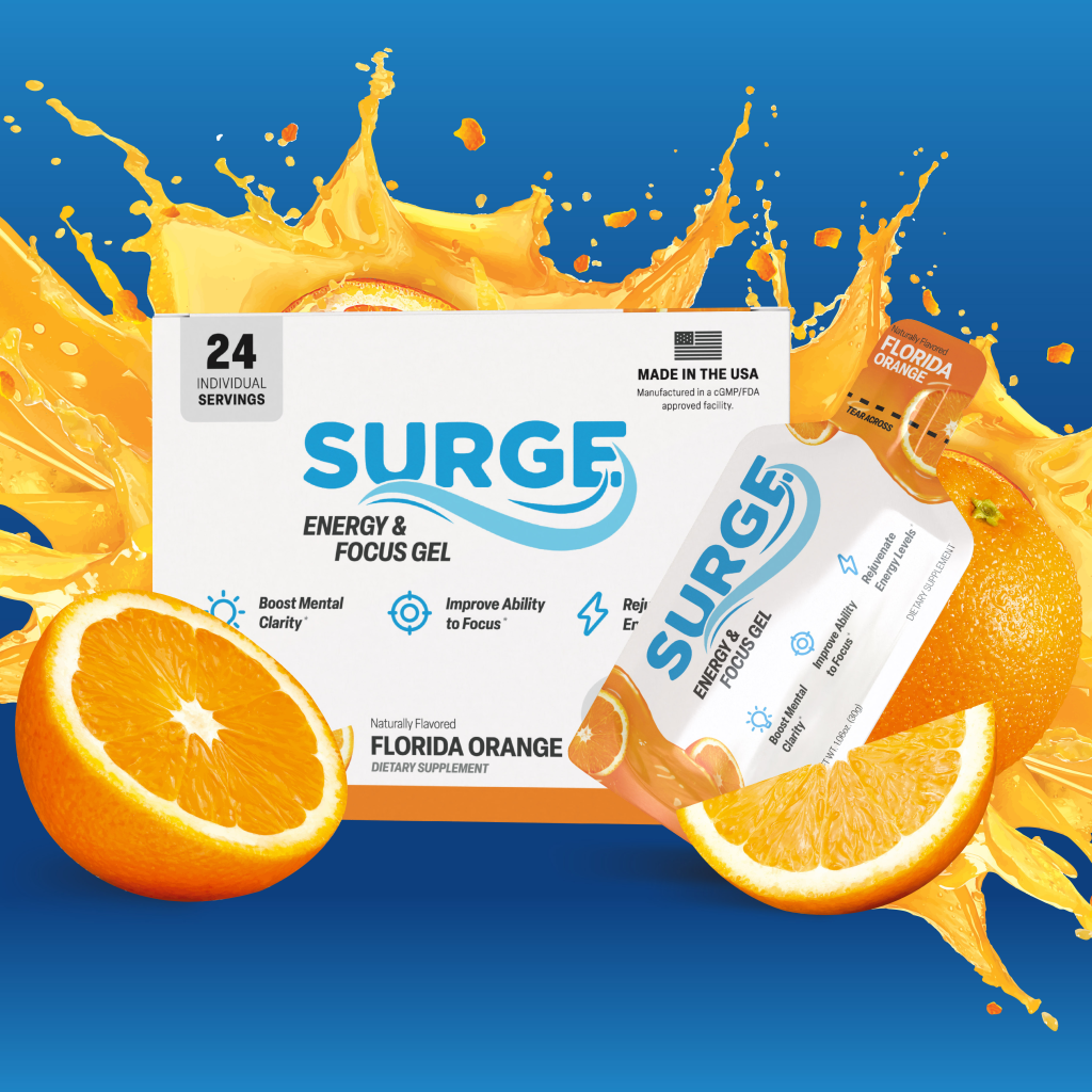 A white Surge Energy & Focus Gel box, Florida Orange flavor, is surrounded by orange slices and vibrant gel splashes on a blue background. Two Surge gel packets are shown, highlighting the products’ energy and focus benefits.