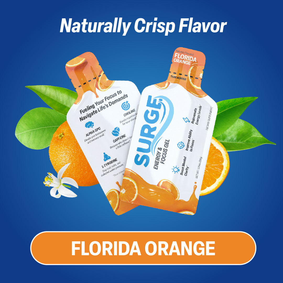 Two Surge energy and focus gel packets with Florida Orange flavor are displayed alongside fresh oranges and green leaves on a blue background. Text highlights the Naturally Crisp Flavor and refreshing surge of FLORIDA ORANGE.