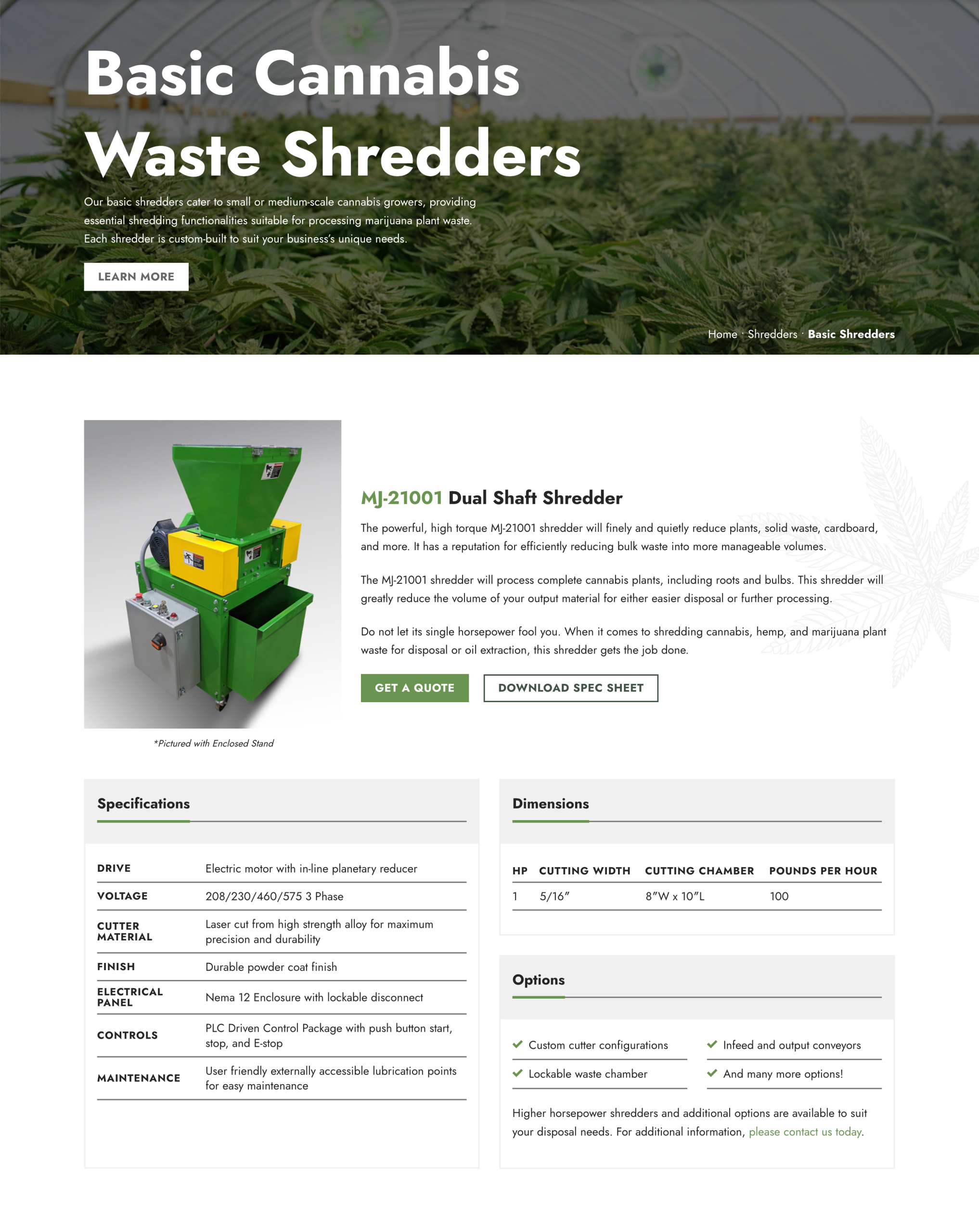 A webpage for the MJ-21001 Dual Shaft Cannabis Waste Shredder showcases this green and yellow machine, highlights product details, cannabis harvesting solutions, specifications, options, dimensions, and features buttons to get a quote or download a spec sheet.
