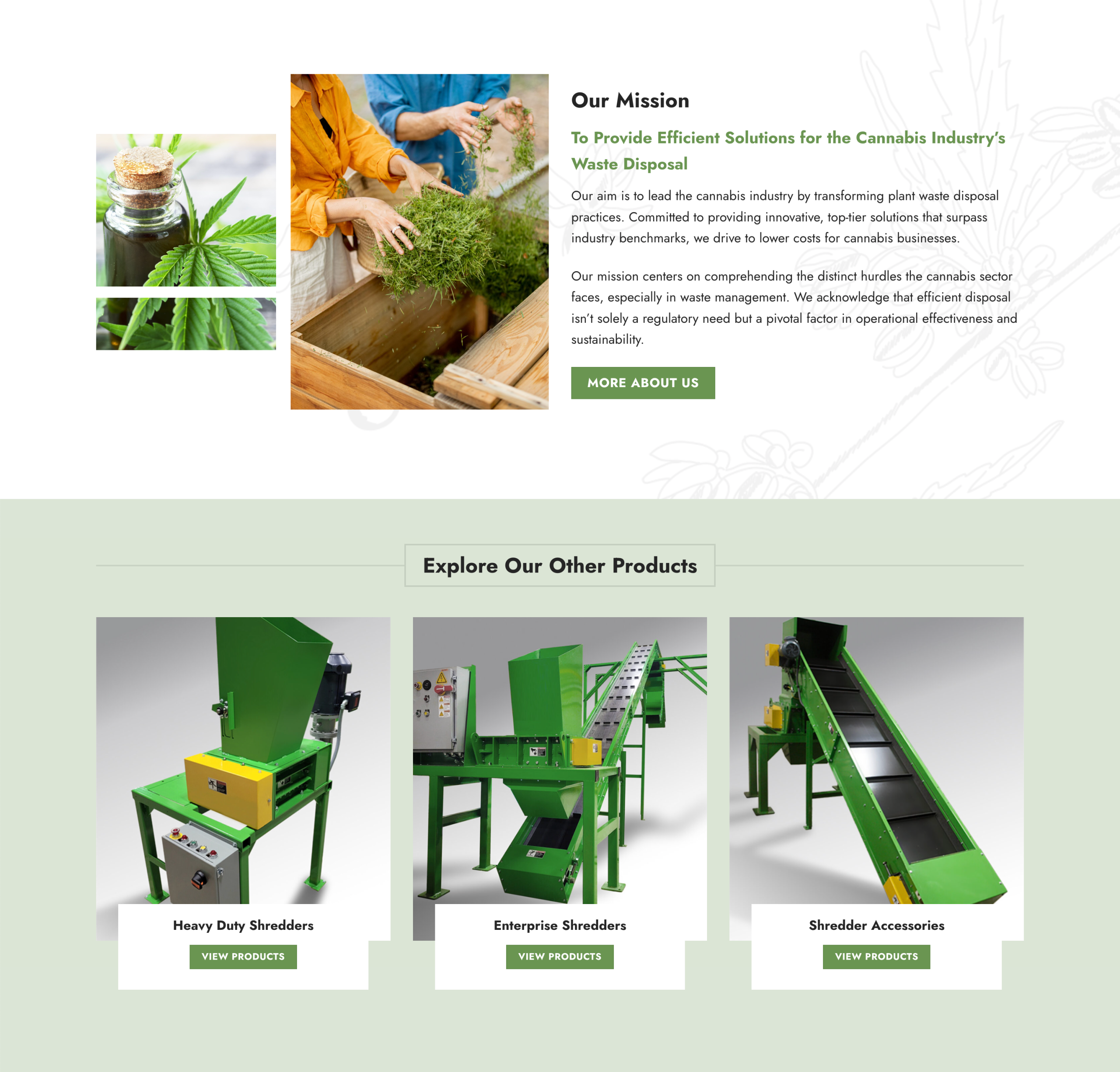 Webpage promoting efficient waste disposal and cannabis harvesting solutions for the industry, featuring images of green shredding machines, cannabis leaves, and hands processing cannabis. Three shredder products are showcased with View Products buttons.