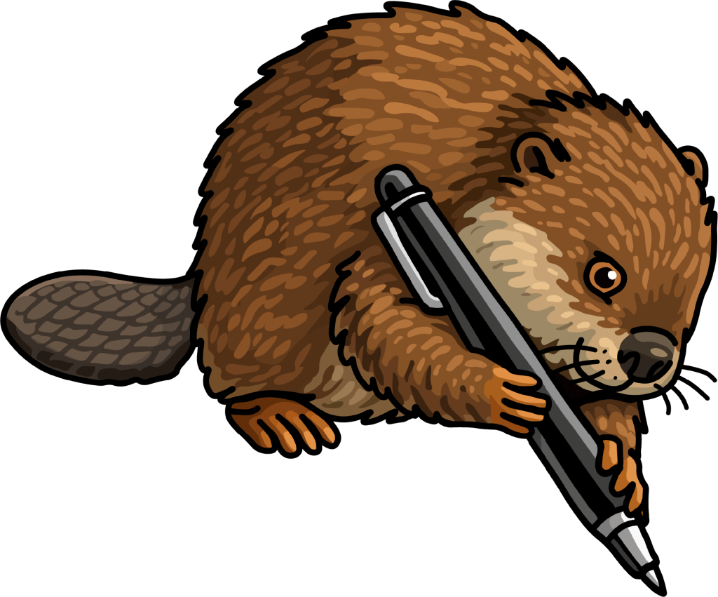 A cartoon beaver holds a large black pen with both front paws, appearing ready to write or draw. With brown fur, a flat tail, and an intent expression, it's perfect for branding or creative projects.