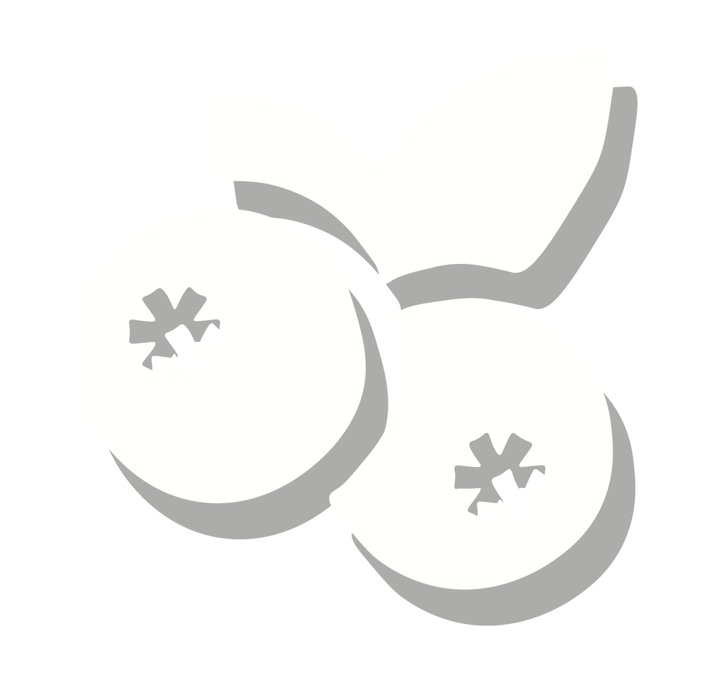 A minimalist, flat design illustration of two blueberries with a leaf, styled in lunari shades of white and light gray on a light background.