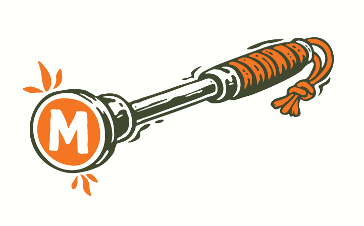 Illustration of a metallic branding iron with an orange-wrapped handle and a circular stamp, perfect for branding, featuring a bold white letter M on an orange background.