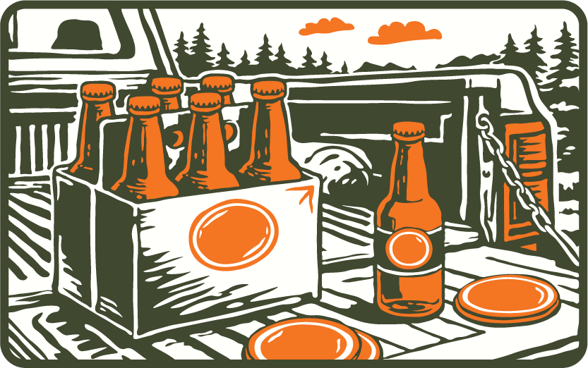 Cartoon-style image of a pickup truck bed with a six-pack of beer bottles, one bottle out, and trees in the background. The orange and green color scheme and scattered bottle caps set the scene—perfect to elevate your small business branding.