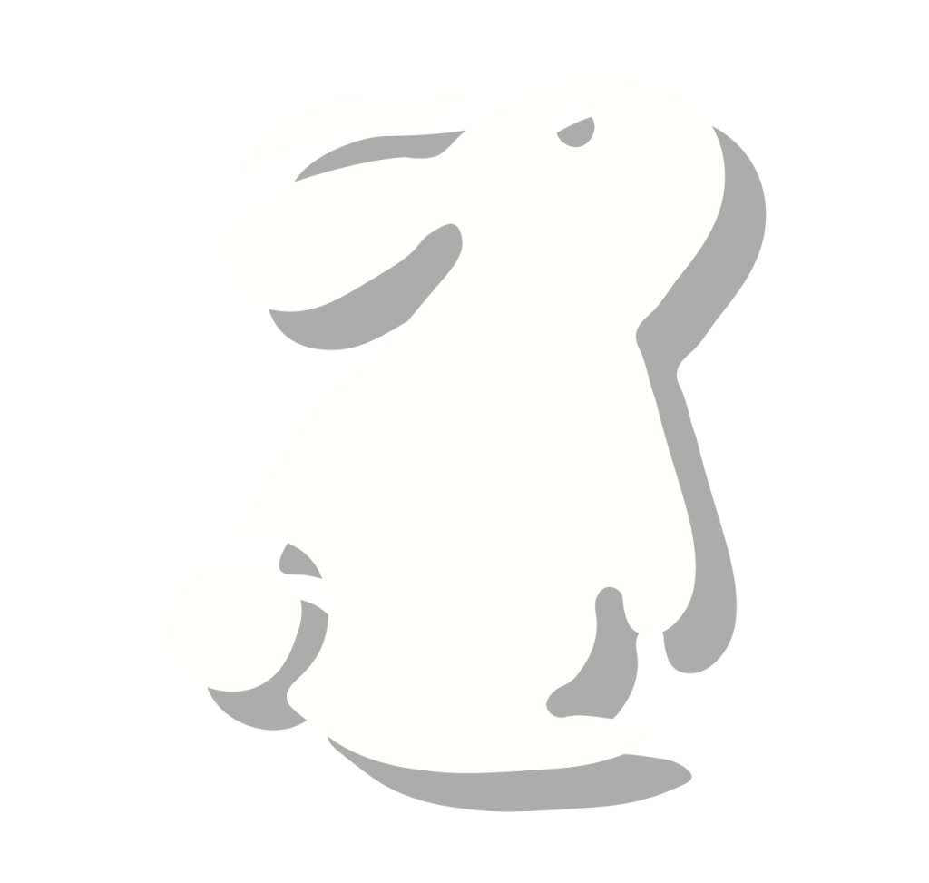 A minimalist white silhouette of a bunny with a round tail and long ears, casting a soft gray shadow on a light gray background—evoking a gentle, lunari elegance.