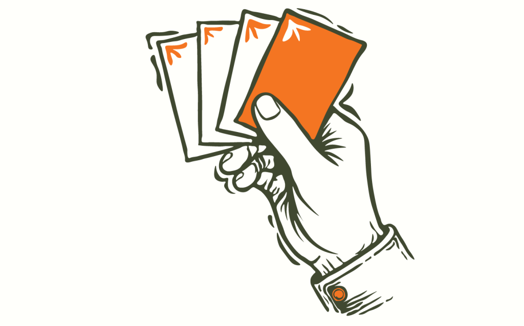 A hand holding four playing cards—three white and one orange—faces outward in an illustrated style, symbolizing creative branding.