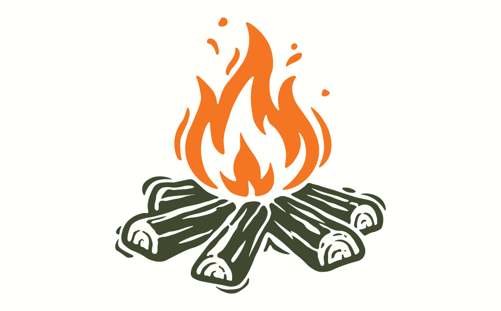 Illustration of a campfire with orange flames rising above a circle of green logs arranged in a star pattern on a white background—perfect for web design or outdoor-themed creative projects.