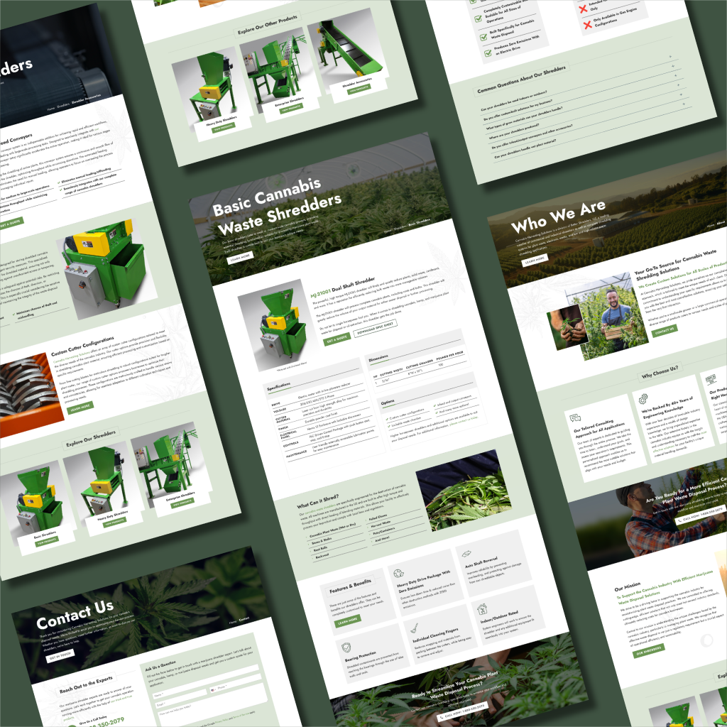 A digital mockup displays a portfolio of web page designs for a company selling cannabis waste shredders, featuring green and white themes, product images, contact forms, company info, and cannabis plant graphics.