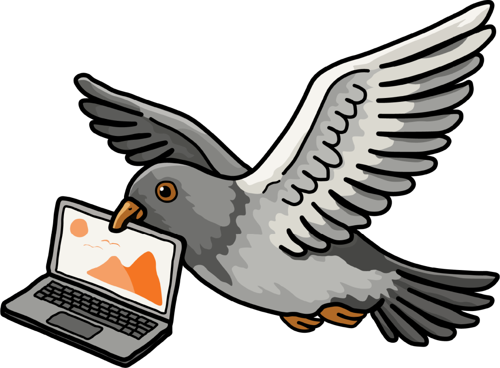 A cartoon gray pigeon flies while holding an open laptop in its beak. The laptop screen displays a portfolio image featuring mountains and a sun.