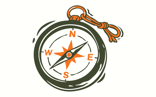 Illustration of a compass with a black and orange design, ideal for branding, showing directions north, south, east, and west, and a looped string attached to the top.