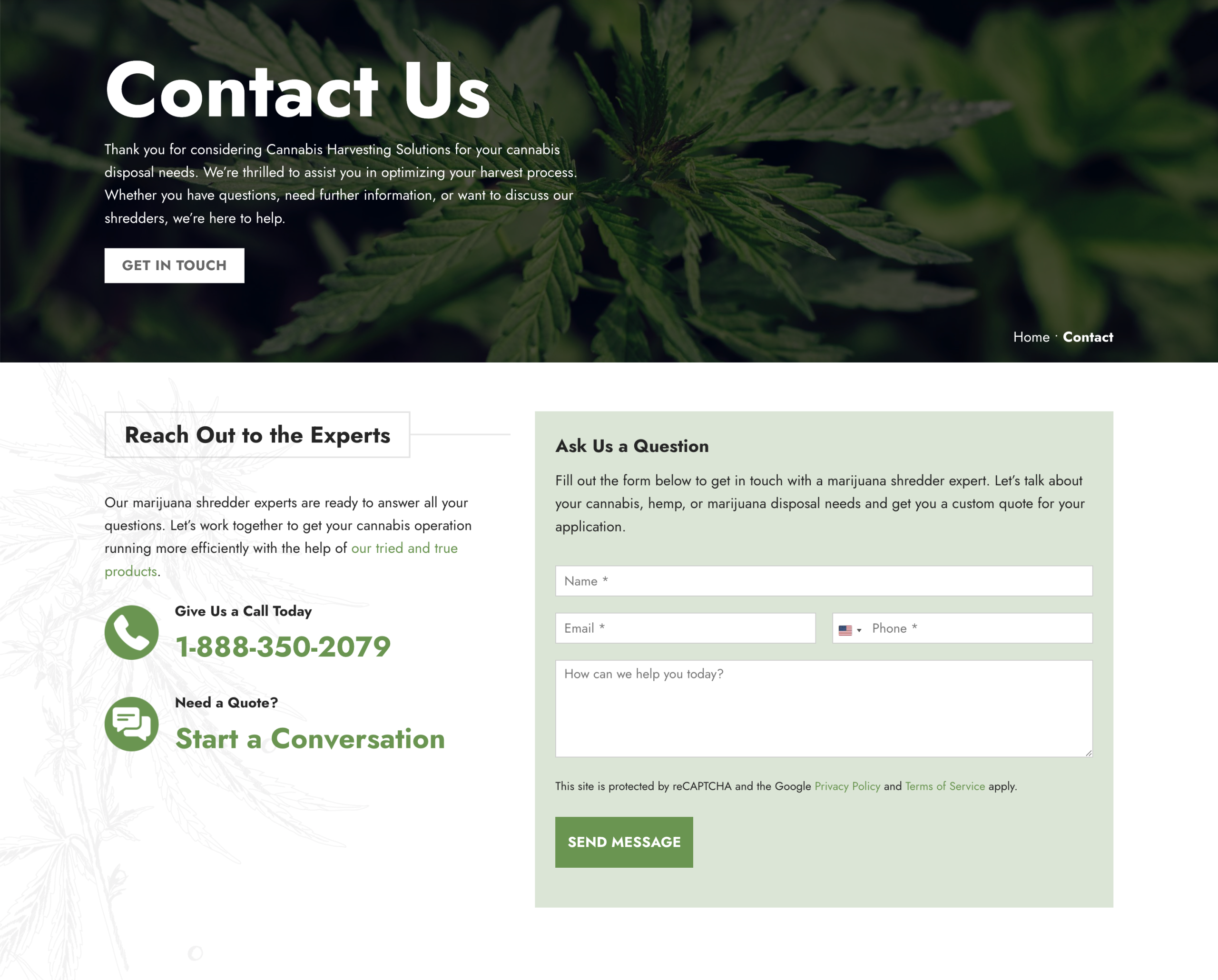 Contact Us page featuring a background of cannabis leaves, a contact form, phone number (1-888-350-2079), and buttons to connect or start a conversation about our cannabis harvesting solutions.