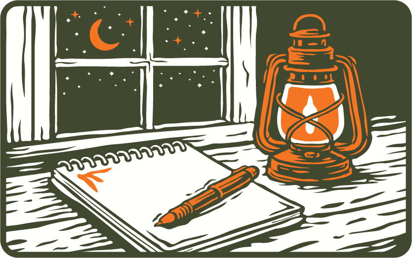 An illustration of a notepad and pen on a wooden table beside a lit lantern, with a window showing a night sky, crescent moon, and stars—perfect inspiration to elevate your small business ideas.