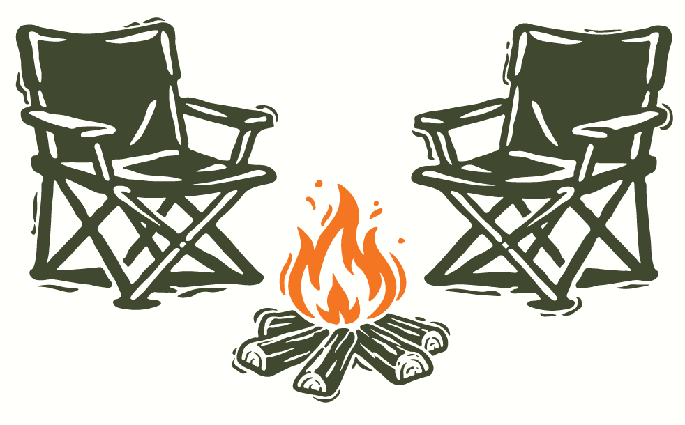 Illustration of two green camping chairs facing each other with a campfire made of logs between them. The bright flames create a warm atmosphere—perfect inspiration to elevate your small business. The background is white.