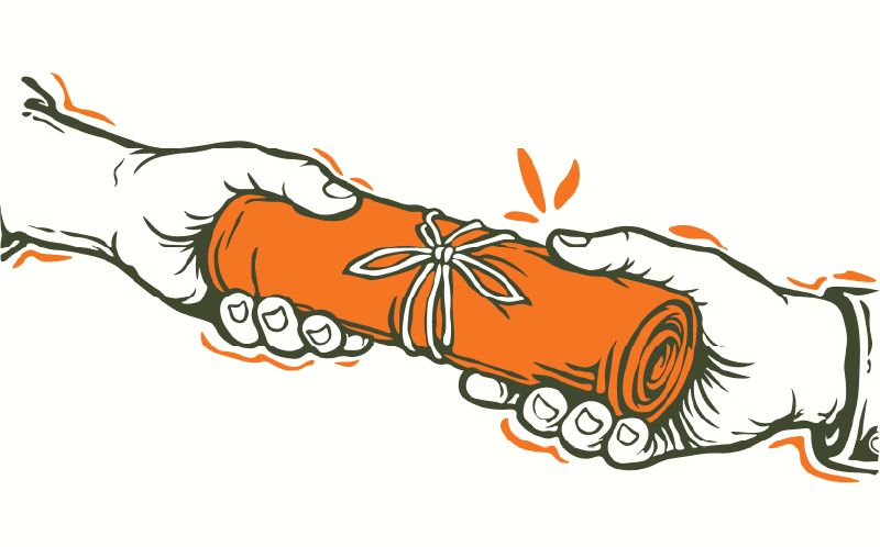 Illustration of one hand passing a rolled-up orange document tied with a string to another, symbolizing how sharing key insights can help elevate your small business or recognize outstanding achievements.