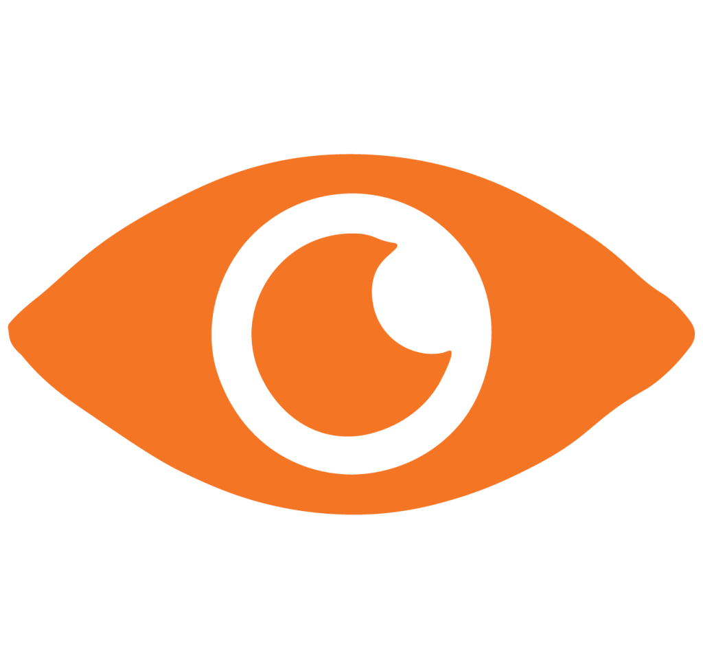 An orange eye-shaped symbol, perfect for web design, featuring a white circular outline inside and an abstract curved shape resembling a pupil at the center.