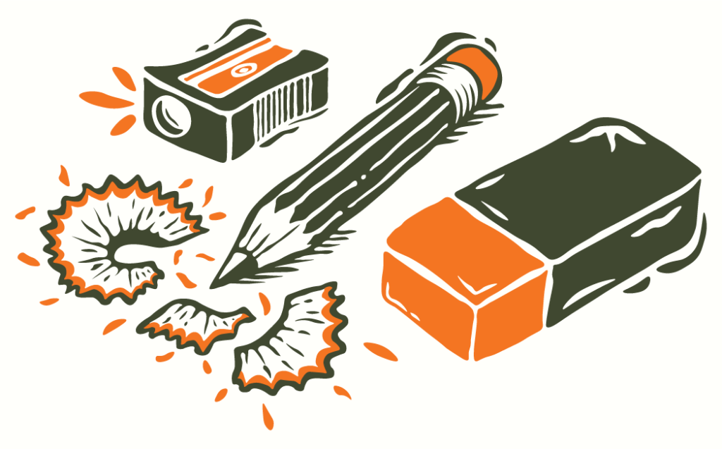 Illustration of a pencil, a sharpener, pencil shavings, and an eraser in black and orange tones on a white background—perfect to elevate your small business branding with creative flair.