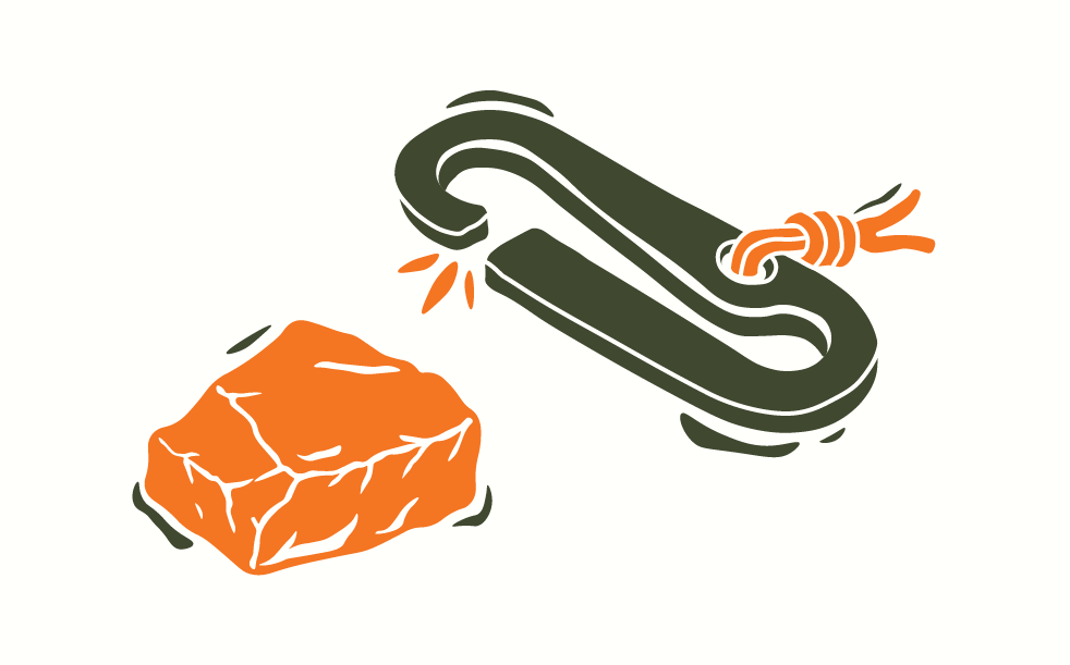 An illustration for web design shows a carabiner secured with a knotted rope and a large rock nearby. The carabiner appears to be snapping or breaking, with orange lines indicating stress.