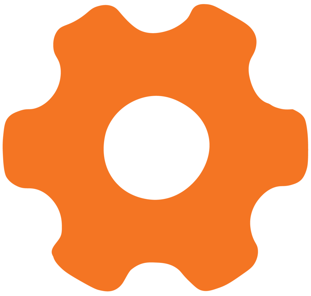 A solid orange gear icon with six rounded spokes and a circular hole in the center, set against a white background—perfect for web design projects.