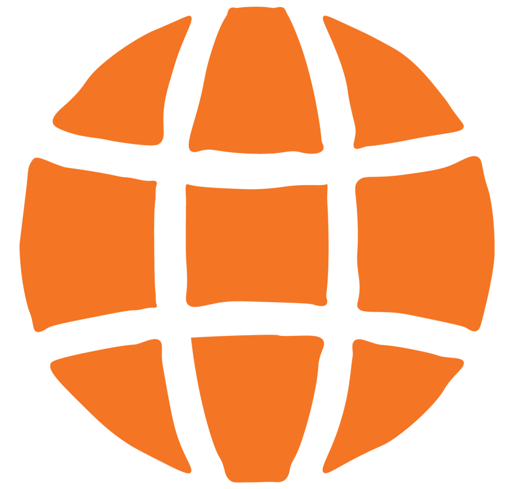 An abstract orange globe design reminiscent of web design, featuring curved vertical and horizontal lines creating a grid pattern on a white background.