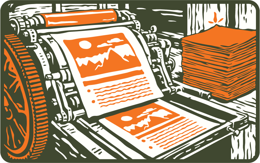 A vintage printing press produces illustrated pages featuring orange landscapes and text, with a neat stack of finished pages beside the machine—perfect to elevate your small business with unique, handcrafted prints.