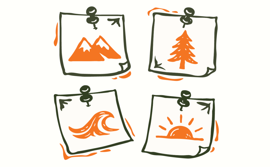 Four hand-drawn sticky notes are pinned up, each featuring a simple orange illustration—mountains, a tree, an ocean wave, and a setting or rising sun—perfect for adding a creative touch to your branding.