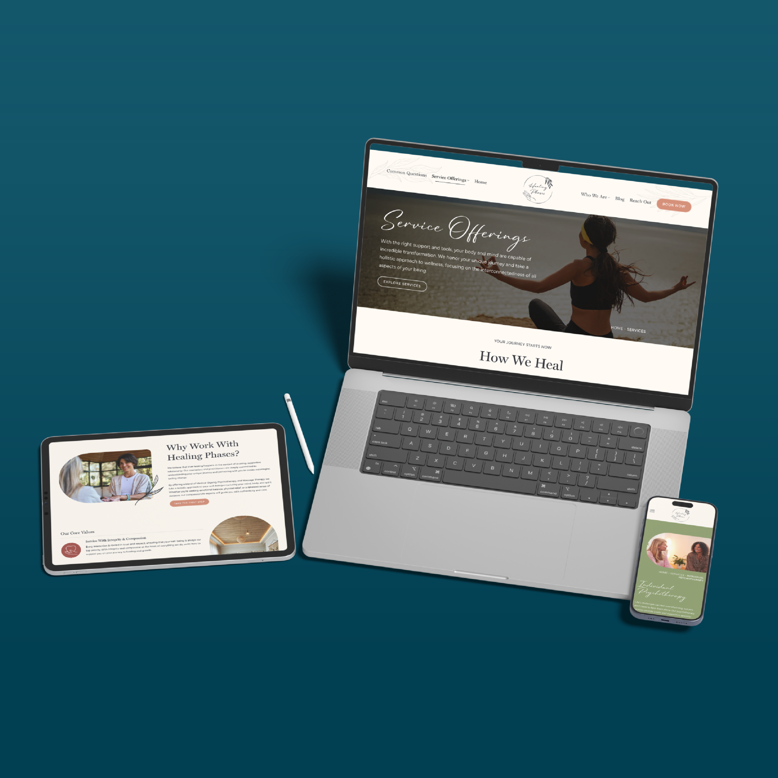 A laptop, tablet with stylus, and smartphone display a wellness website on a blue background, showcasing responsive web design with images, text, and navigation menus across all devices.