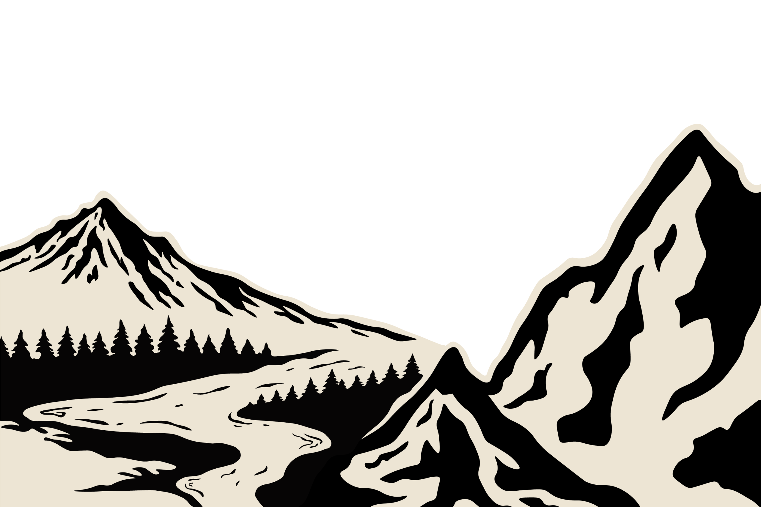 A black and white illustration of mountains, a meandering river, and a forest of pine trees in the foreground, with a mostly empty sky above.