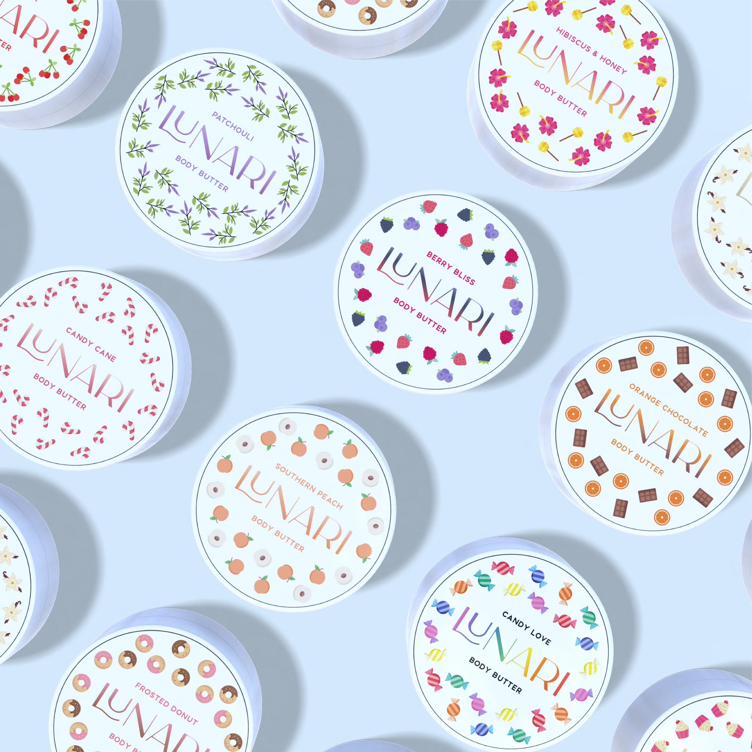 Various round tins of Lunari body butter are arranged on a light blue background. Each Lunari tin features a unique, colorful design matching its scent, with flowers, berries, candy canes, and coffee beans.