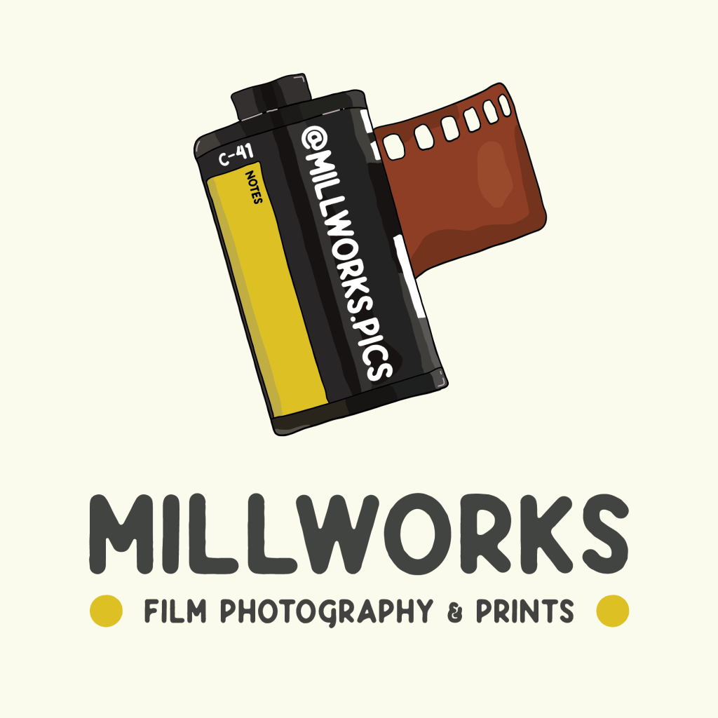 Illustration of a 35mm film canister unwinding, labeled @MILLWORKS.PICS. Large text reads MILLWORKS; below, “millworks film photography & prints” appears in small letters with yellow dot accents.