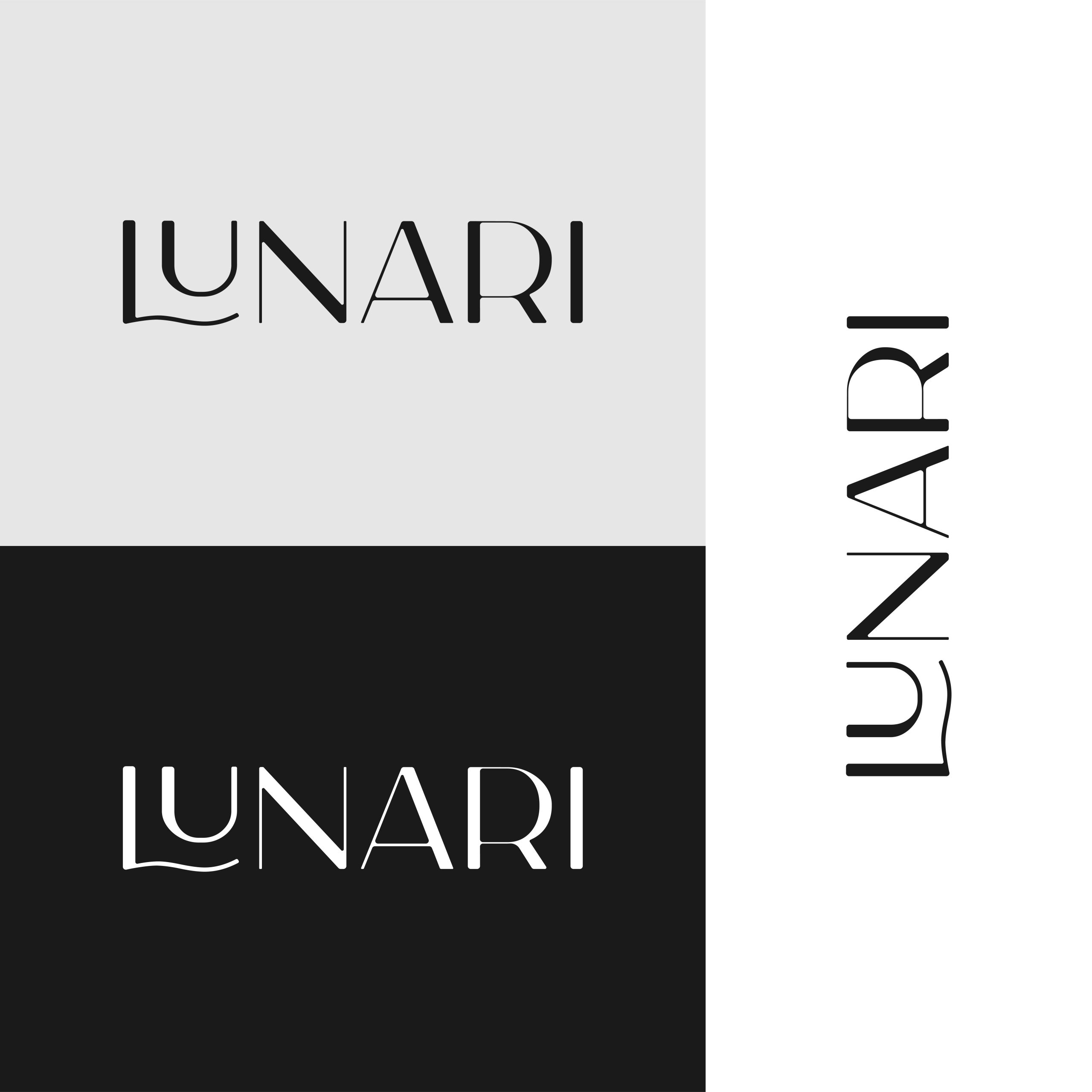 Three lunari logo variations in a modern font: top left on light gray, bottom left on black, and right side vertically on white. Each lunari logo features a wavy underline beneath the U for a unique touch.