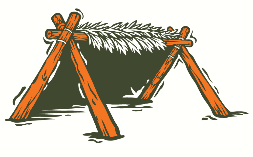 Illustration of a simple outdoor shelter made from wooden poles arranged in an A-frame with leafy branches laid across the top—perfect inspiration to elevate your small business with rustic, handmade charm.