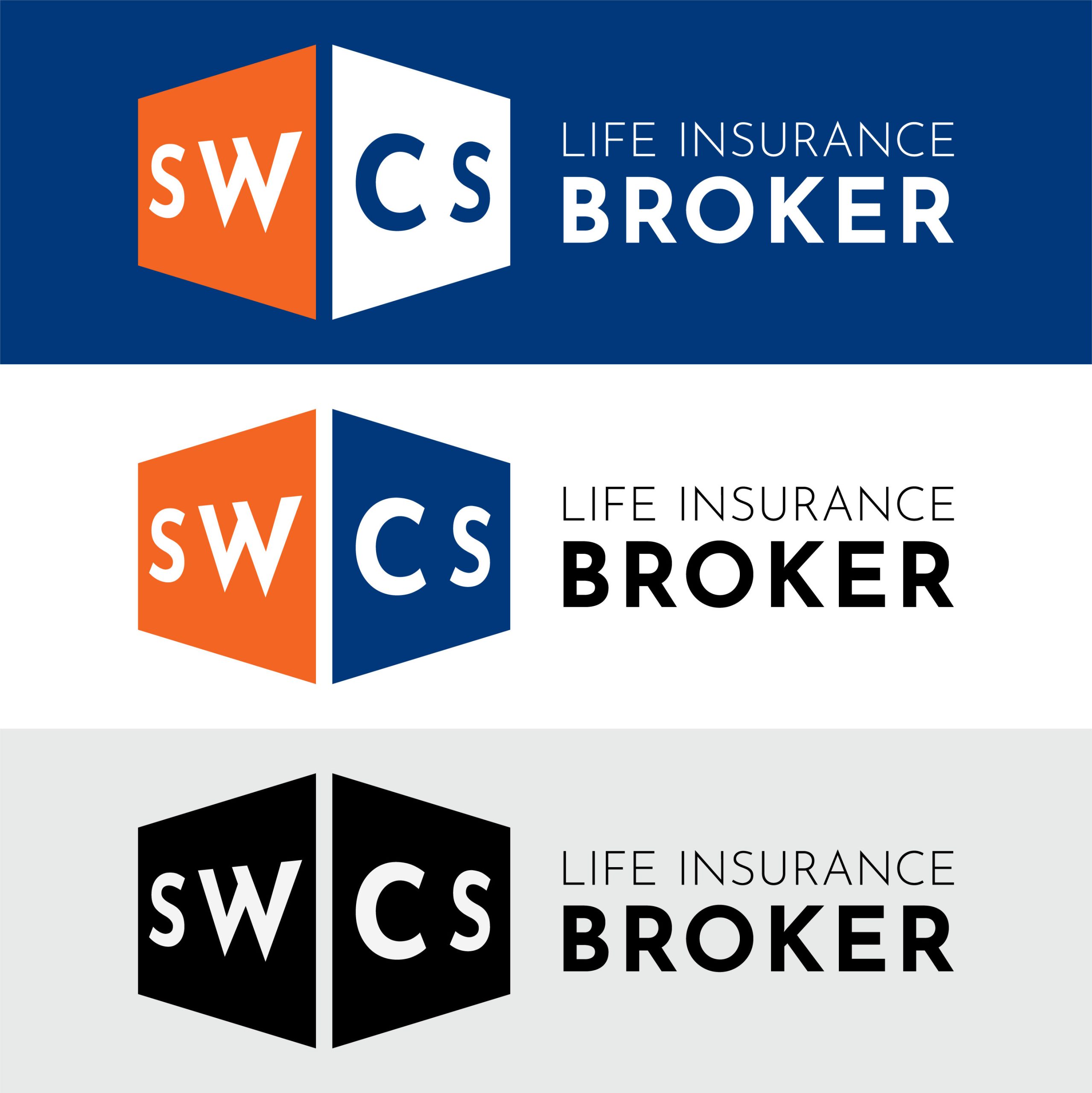 Three versions of a SWCS Insurance Life Insurance Broker logo: an orange and blue 3D cube on blue, white, and gray backgrounds, with LIFE INSURANCE BROKER in bold and regular sans-serif font to the right.