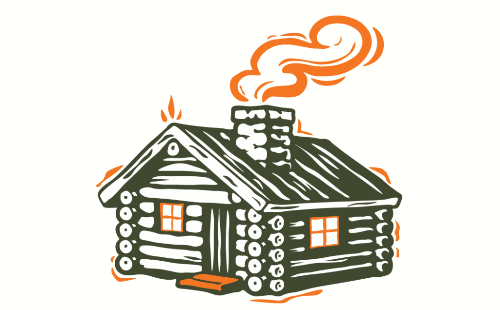 Illustration of a cozy log cabin with a stone chimney, orange smoke rising from the chimney, and glowing windows—a charming scene perfect for inspiring web design concepts. The cabin is made of stacked logs and has a small front step.