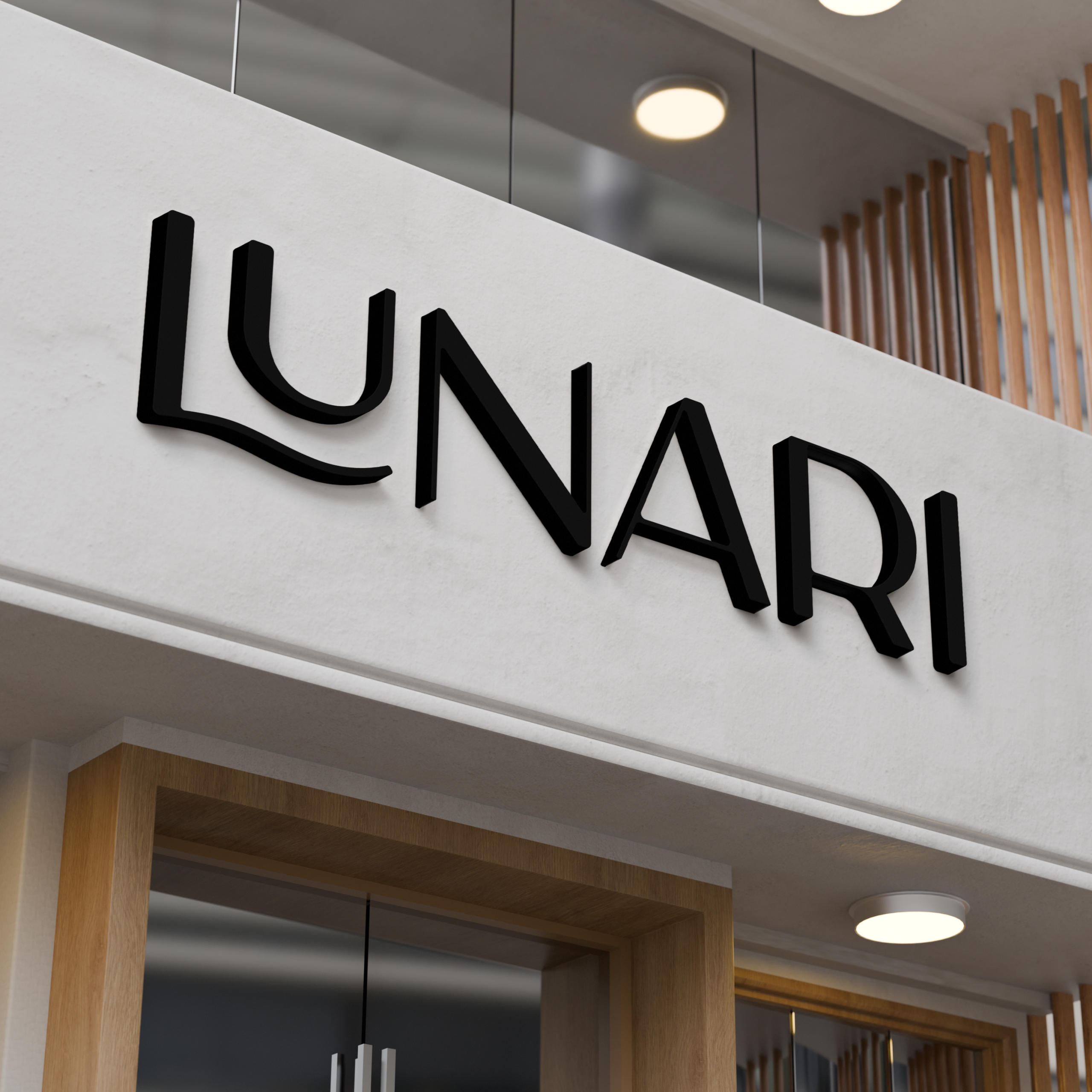 The image shows a modern storefront sign with the word LUNARI in bold, black, uppercase letters on a white background. The wavy L adds flair to the lunari branding. The store features wood accents and recessed lighting.