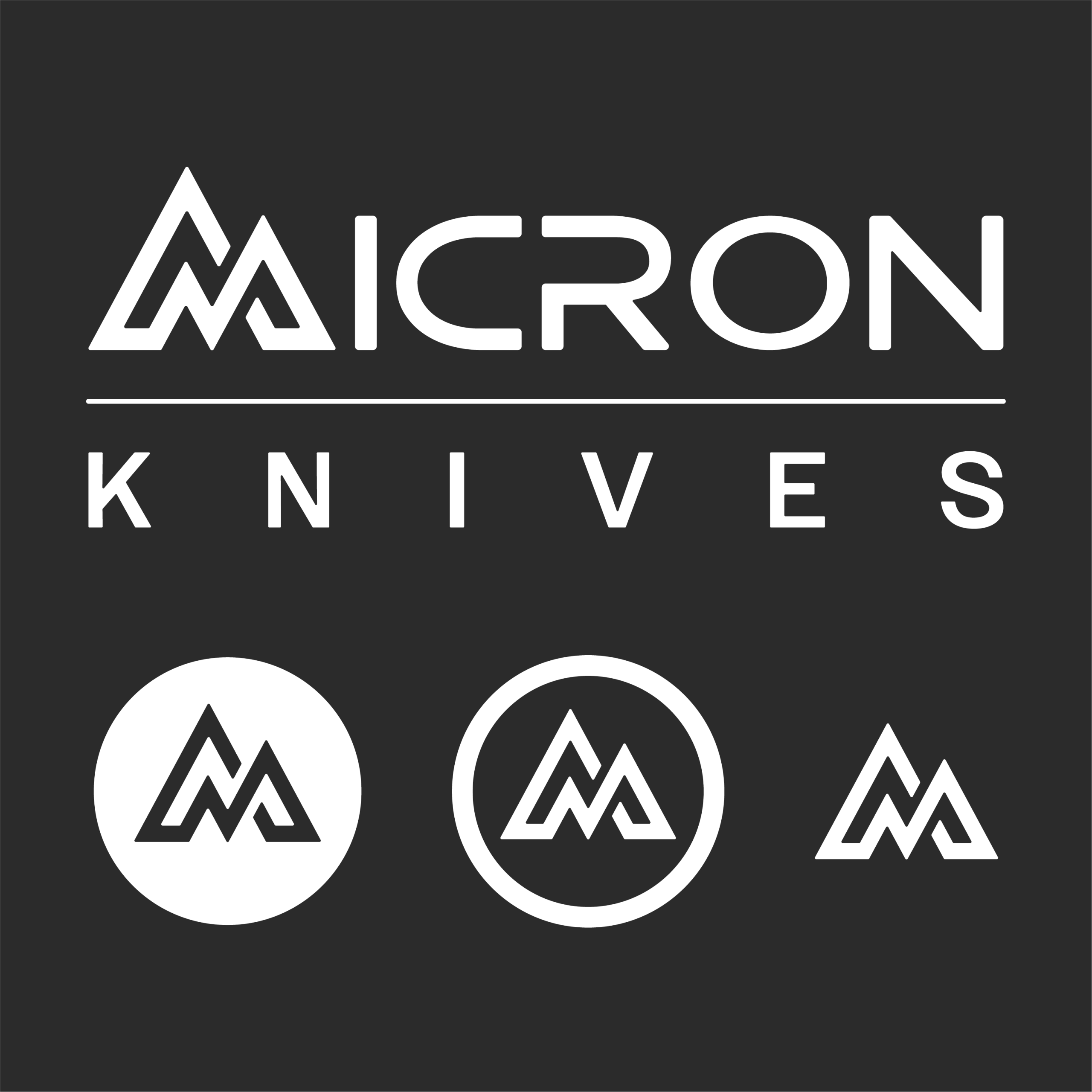 Logo for Micron Knives featuring bold white text on a black background. Below, three circular icons showcase the Micron Knives stylized double M design in varying circle outlines.