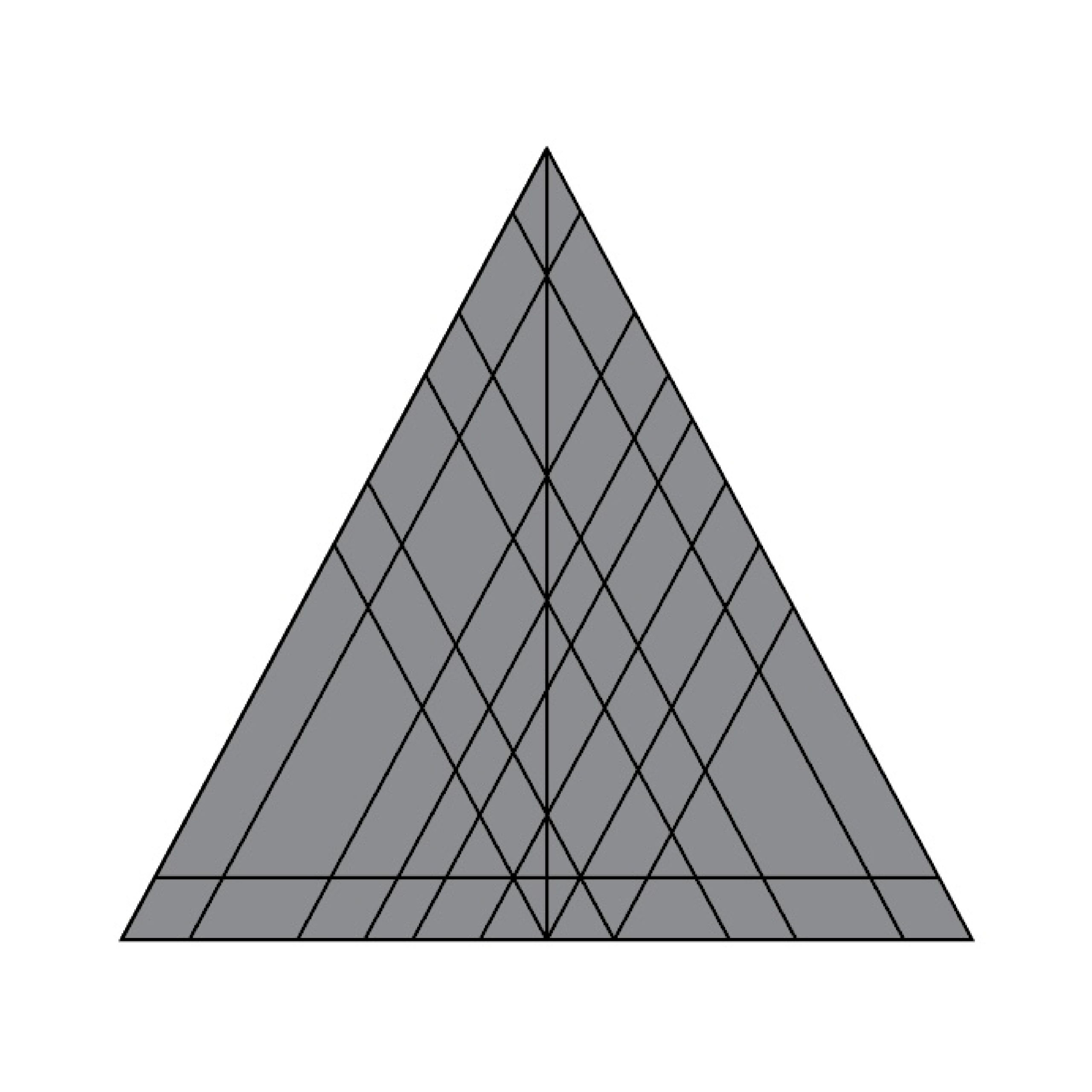 A large equilateral triangle divided into smaller triangles by intersecting straight lines, forming a symmetrical geometric pattern reminiscent of micron knives. The triangles are shaded in varying shades of gray.
