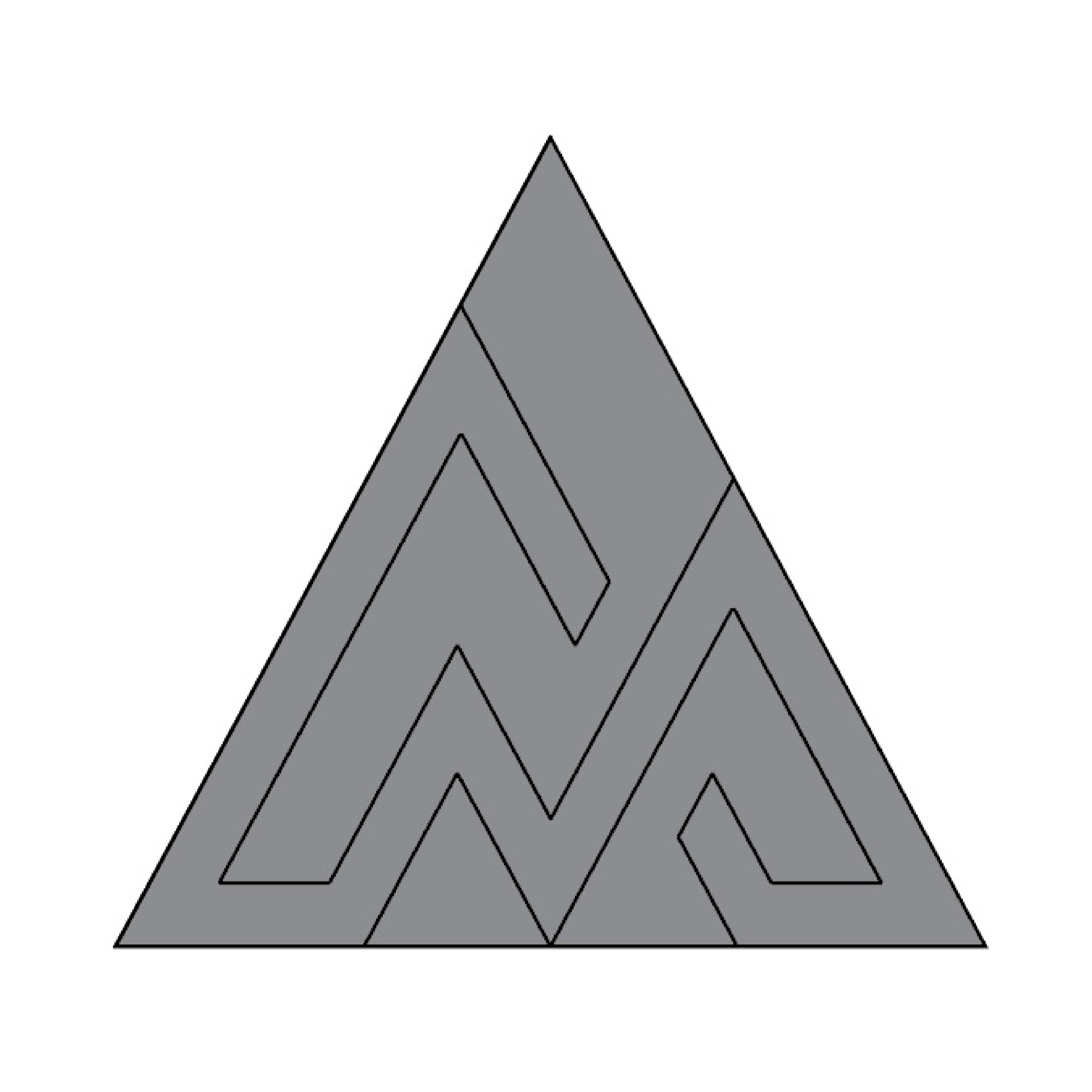 A gray equilateral triangle divided into five smaller, irregular shapes forms a maze-like pattern—sharp and intricate as micron knives—inside the triangle. The background is white.