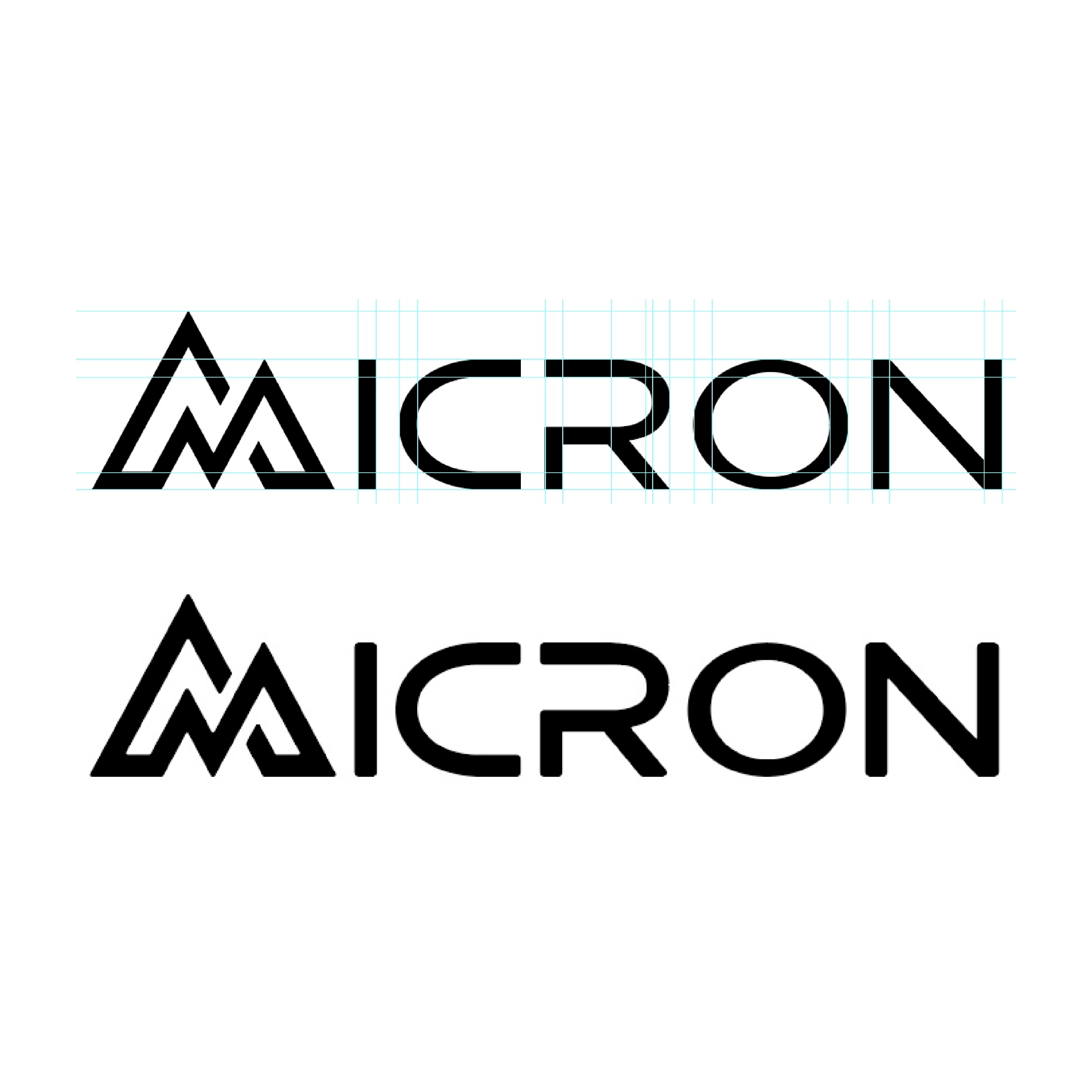 The image shows the word MICRON, inspired by micron knives, written in a stylized, modern font. The top version features light blue grid lines for alignment, while the bottom showcases the finalized black text without grids.