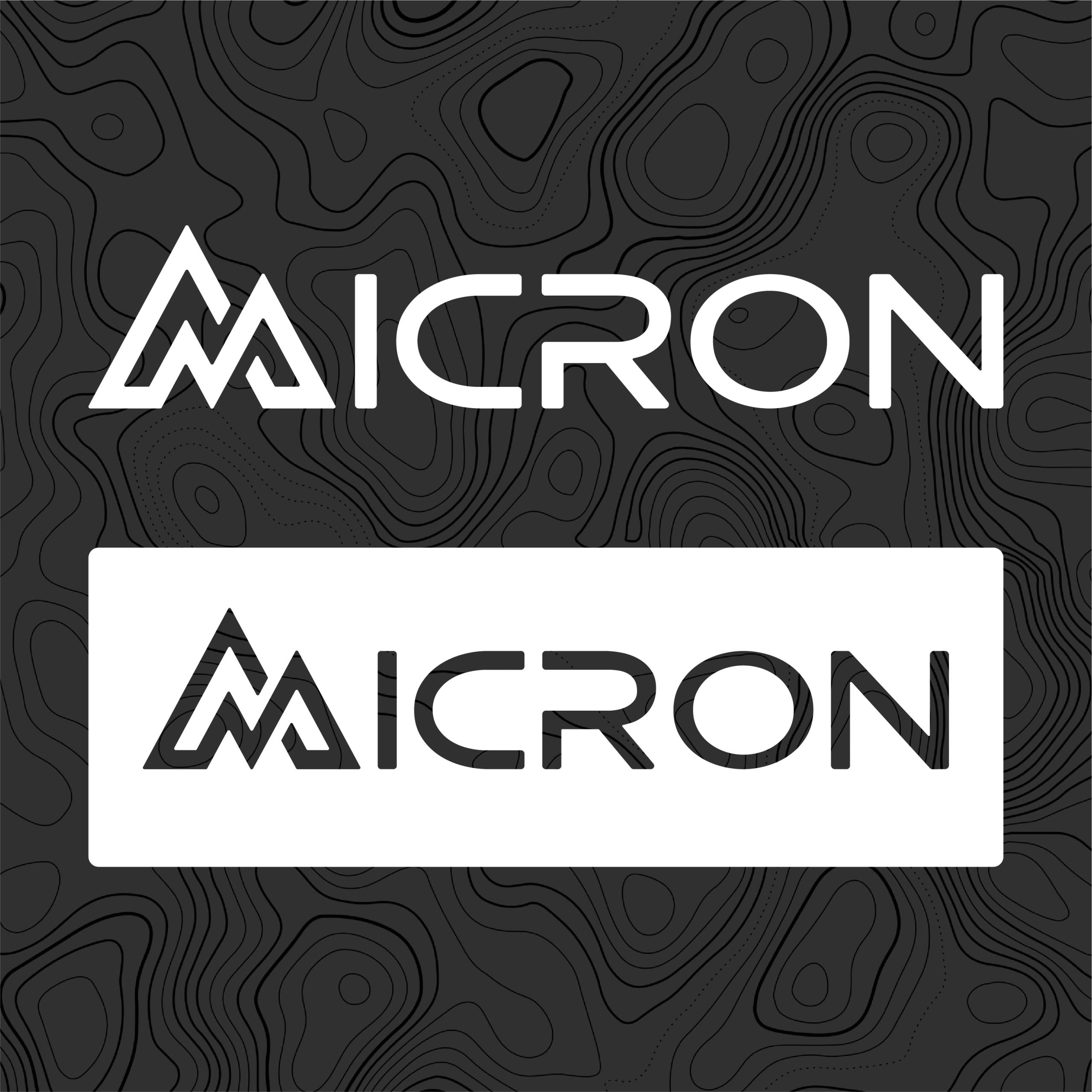 Two versions of the word MICRON in a stylized font; the top is white text on a dark, wavy contour background, while the bottom is dark text on a white rectangle—echoing the precision found in micron knives.