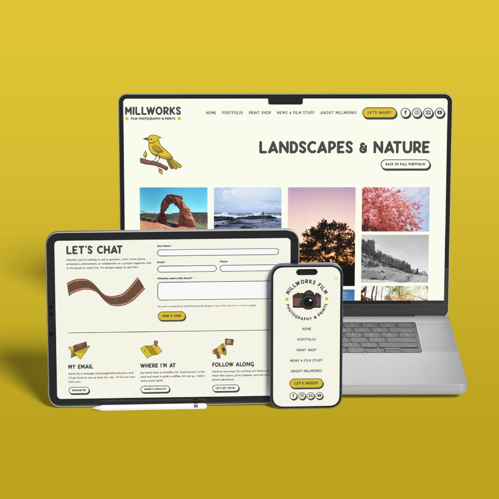 A laptop, tablet, and smartphone display a creative portfolio website with nature photos and a chat form, all set against a yellow background. A stylus rests beside the tablet.