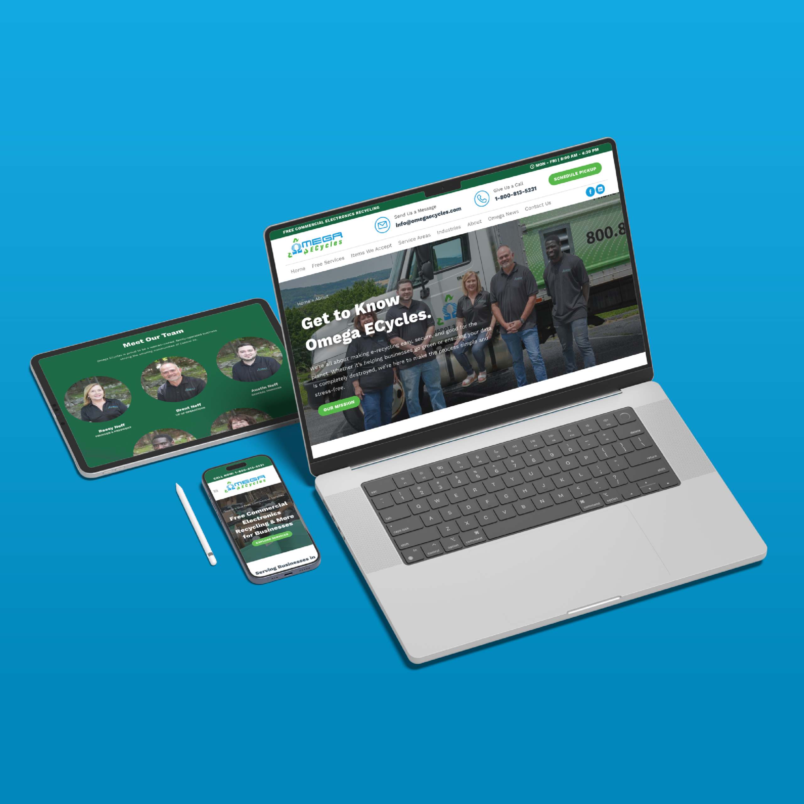A laptop, tablet, and smartphone display the Omega Ecycles website against a blue background, showcasing team photos and company information. A white stylus is placed beside the tablet.