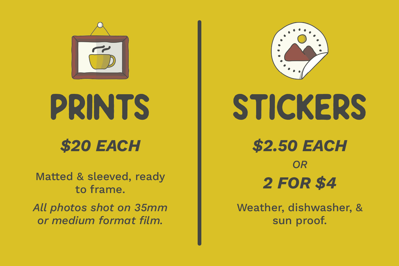 A yellow graphic showcases Millworks Film Photography prices: Prints for $20 each, matted and sleeved, from 35mm or medium format film; stickers for $2.50 each or 2 for $4—weather, dishwasher, and sun proof.