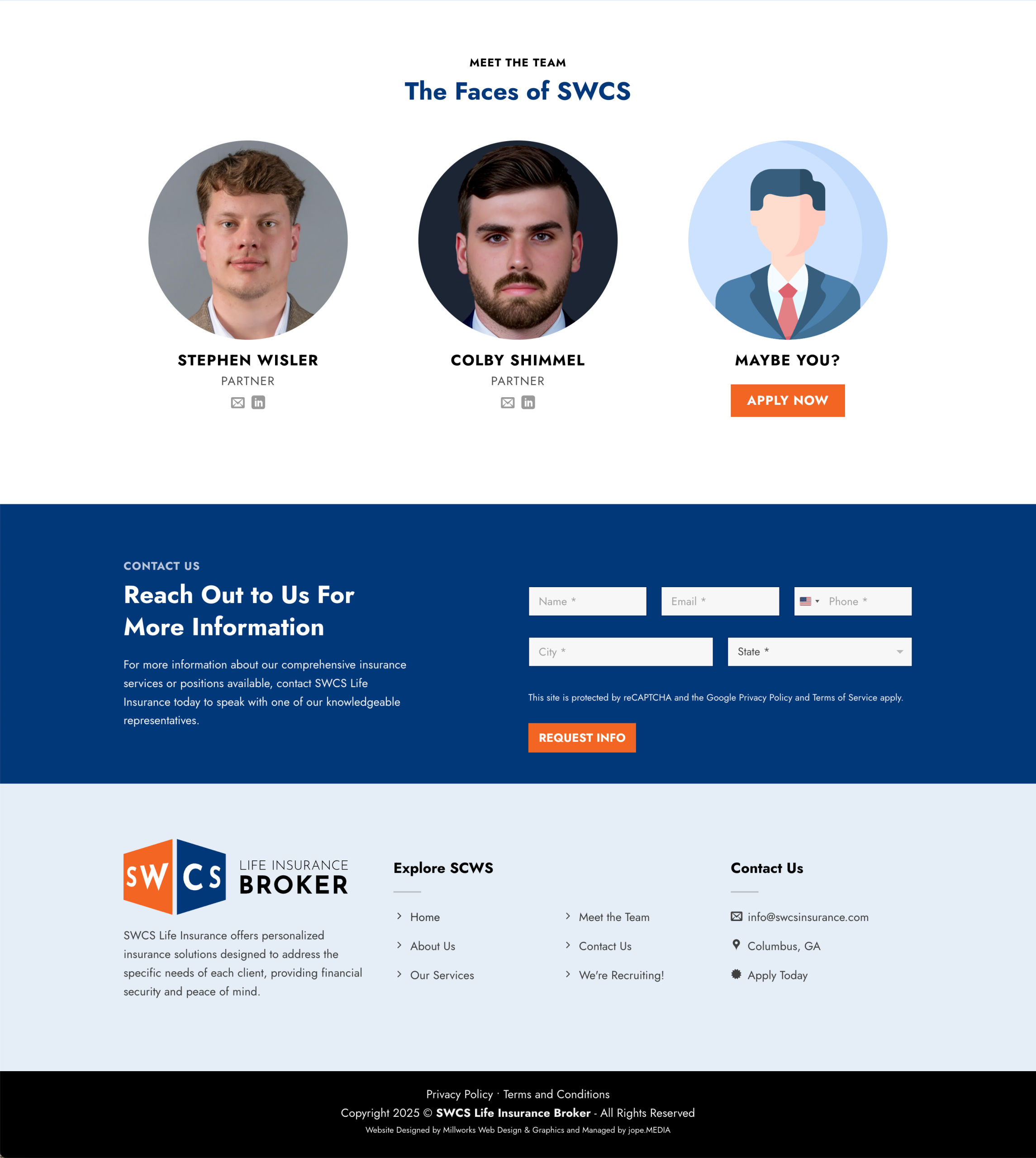 A company team webpage featuring portfolio photos of two partners, Stephen Wisler and Colby Shimmel, plus a Maybe You? placeholder with an Apply Now button. Contact and service information is displayed underneath.